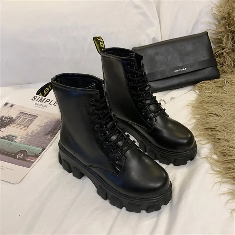 Botas Women Motorcycle Ankle Boots Wedges Female Lace Up Platforms Spring Black Leather Oxford Shoes Woman 2020 Botas Mujer