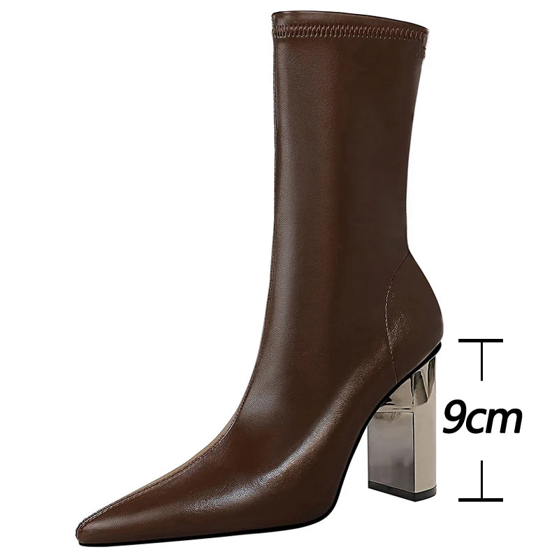 Metal Chunky Heel Leather Boots Women